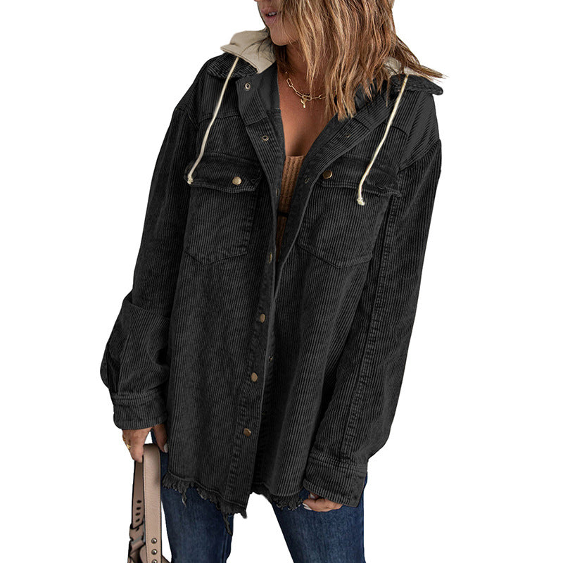 Women's oversized corduroy hooded jacket with fringed edges and button closure, chic casual fit