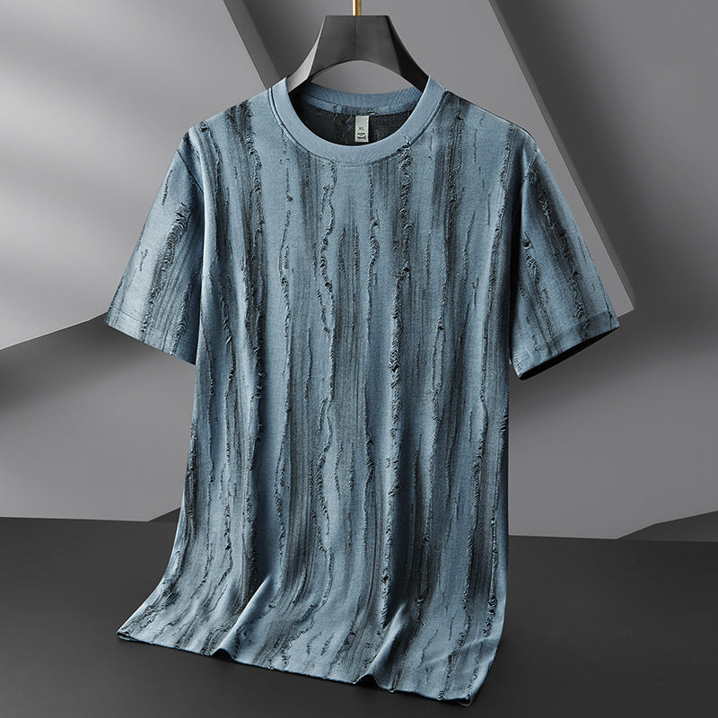 Men's distressed crew neck shirt relaxed draped fit lightweight polyester casual short sleeve top