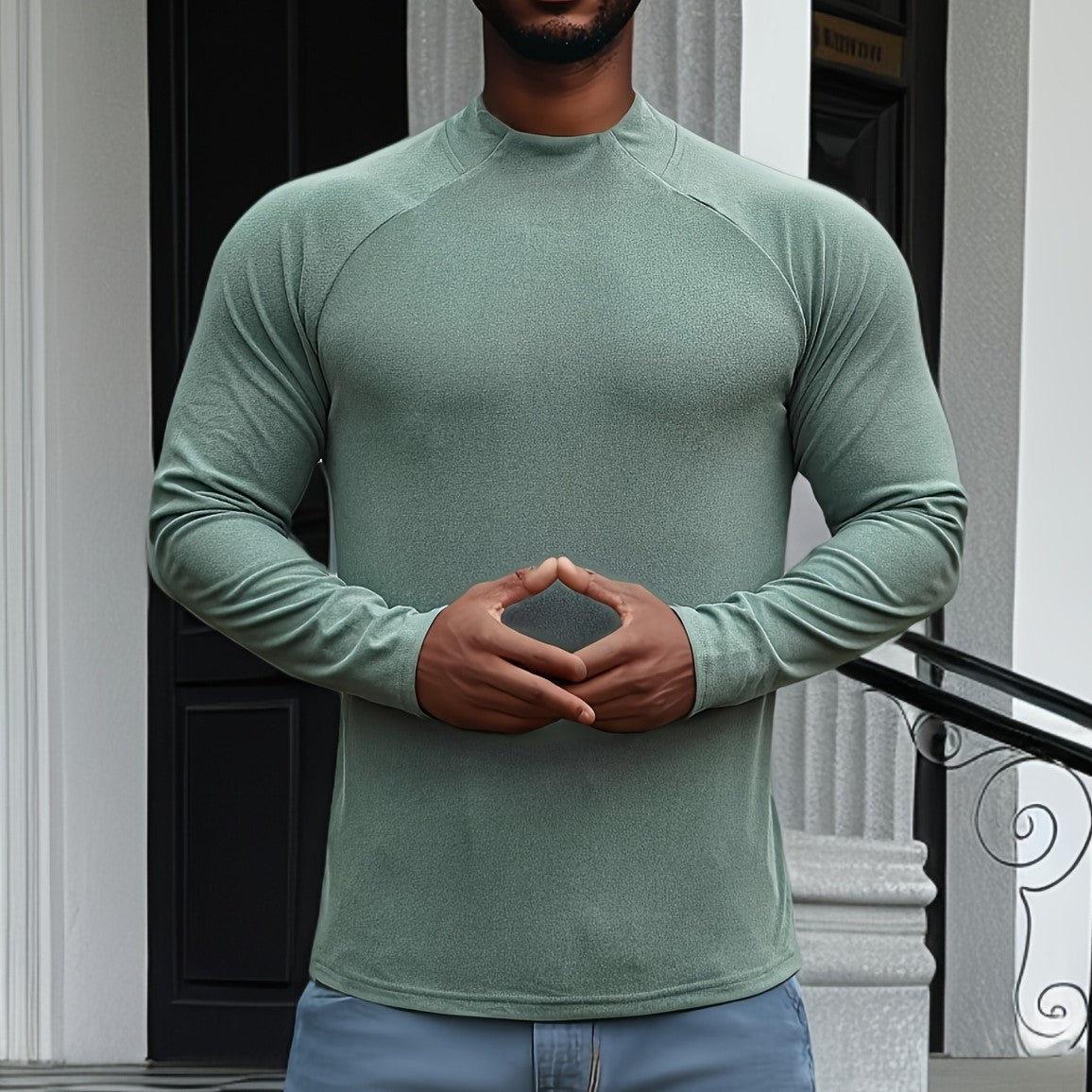 Men's slim fit long sleeve t-shirt soft stretch cotton raglan crew neck modern everyday top