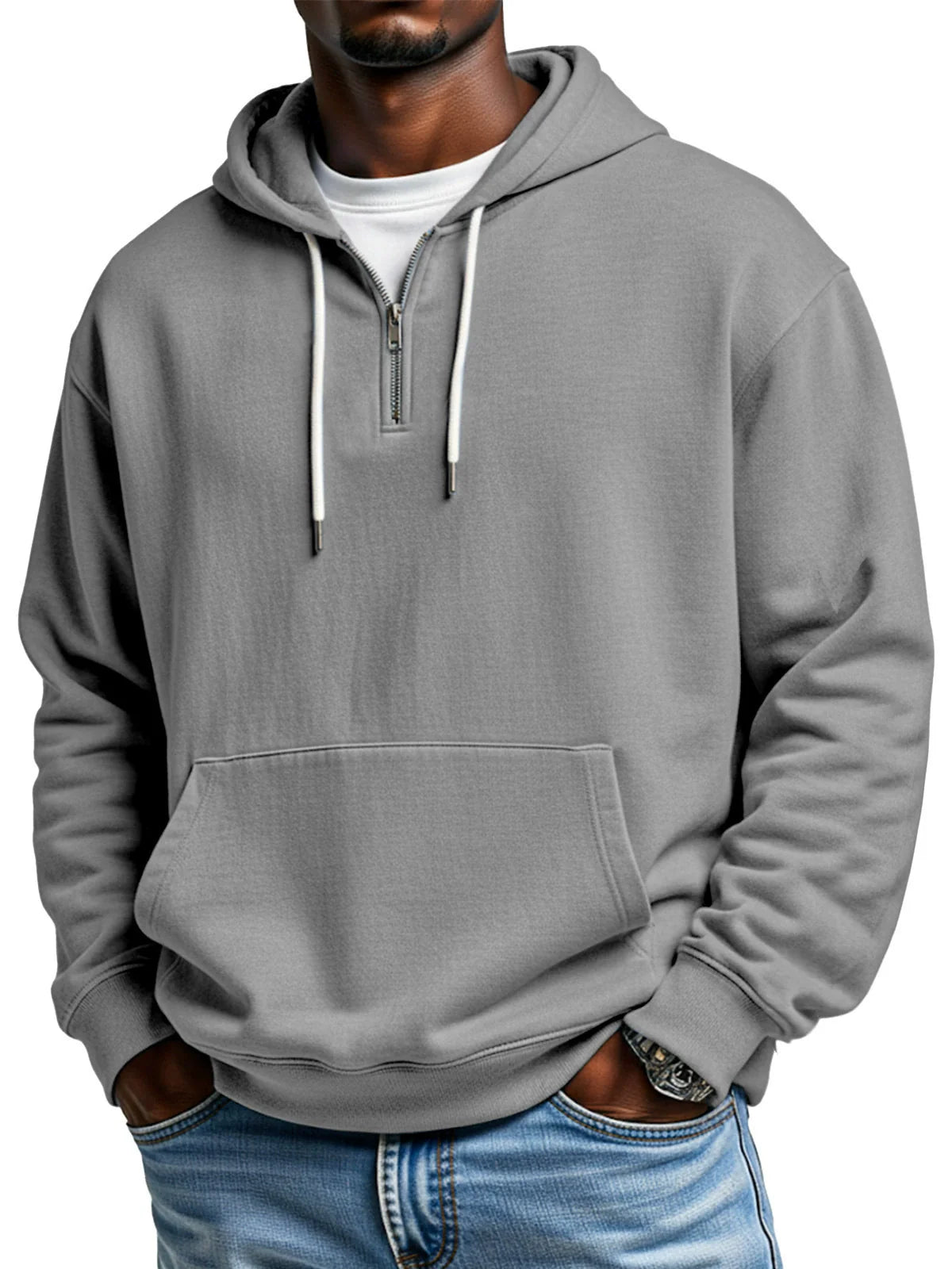 Men's relaxed fit cotton blend hoodie with quarter zip closure and kangaroo pocket casual style