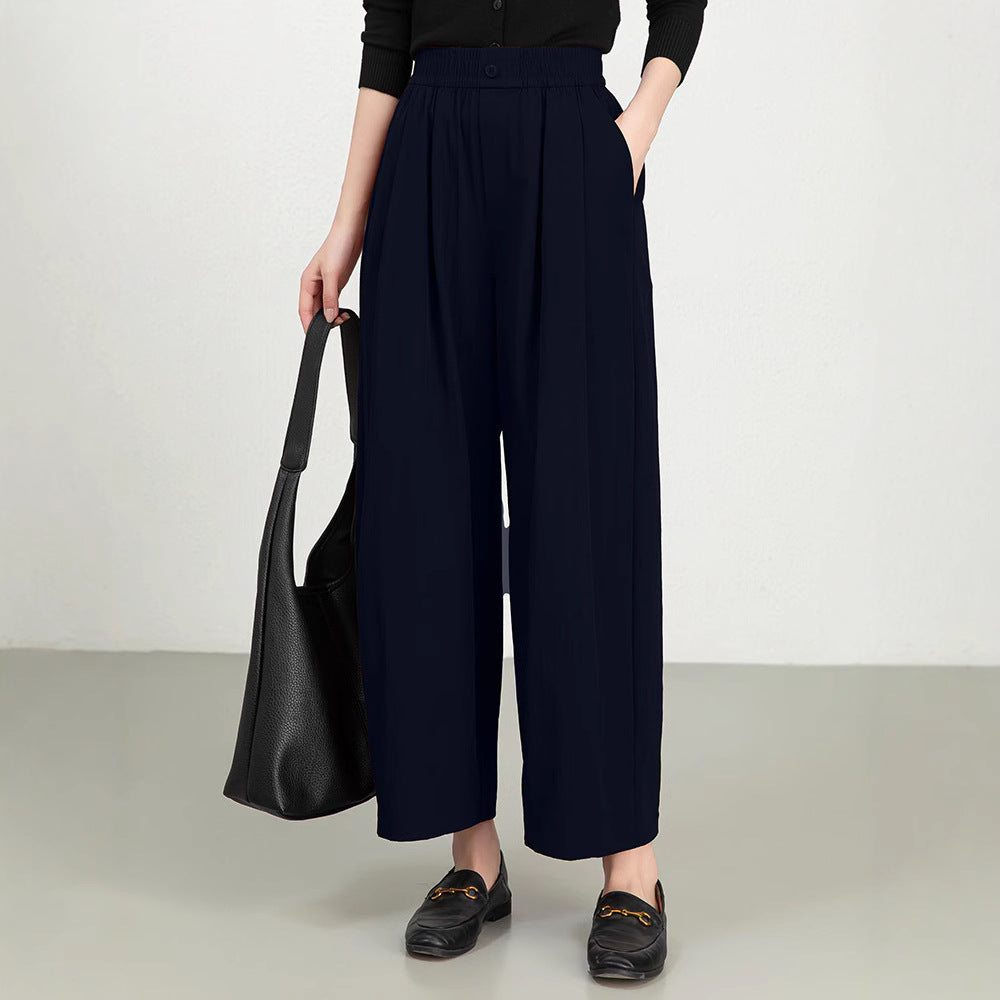 Women's wide-leg pants high waist elastic waistband lightweight cotton twill relaxed fit casual chic