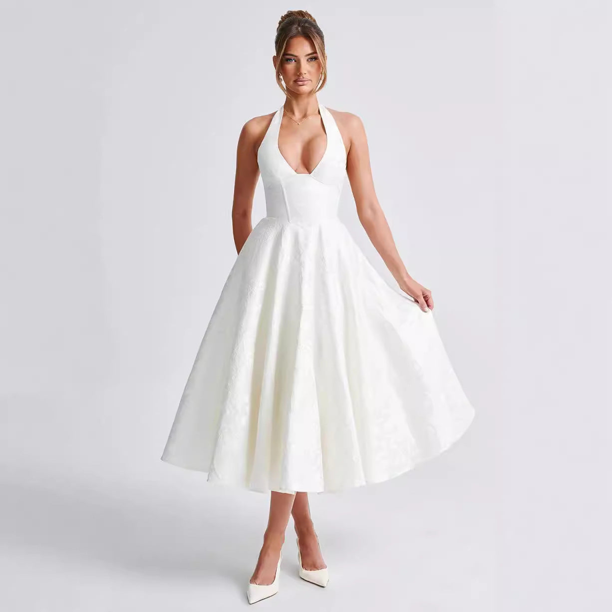 Women's jacquard halterneck maxi dress V-neck waist tie elegant woven texture formal wedding style