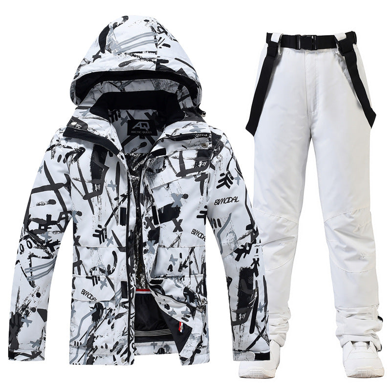 Men's two-piece ski suit set hooded jacket with suspenders water-resistant relaxed-fit winter gear