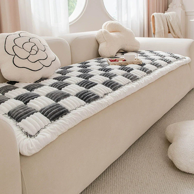 Plaid fuzzy chenille pet mat neutral tones cozy plush texture for cats and small dogs