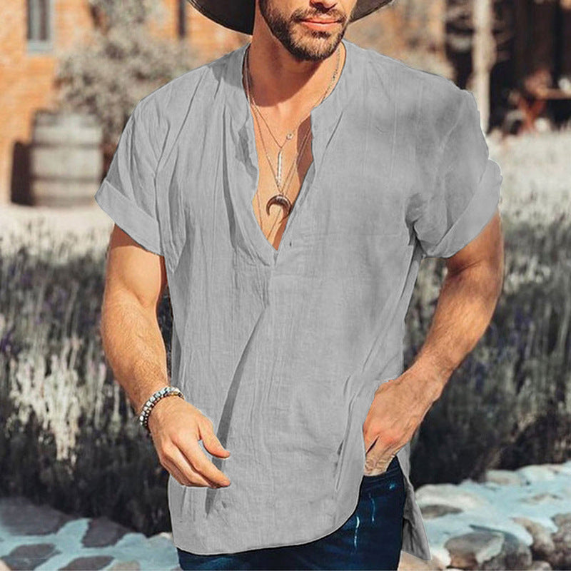 Men's relaxed fit v-neck short sleeve shirt in natural fibers, breathable everyday travel style