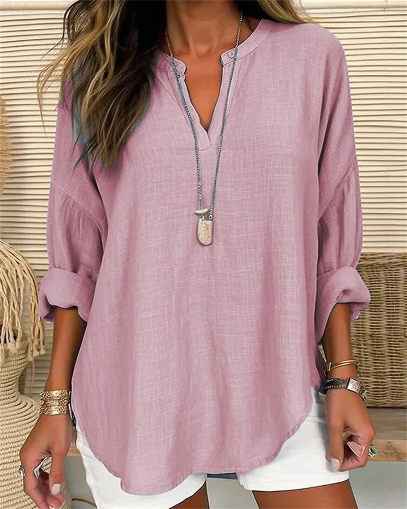 Women's relaxed fit cotton linen shirt stand collar long sleeve breathable everyday casual top