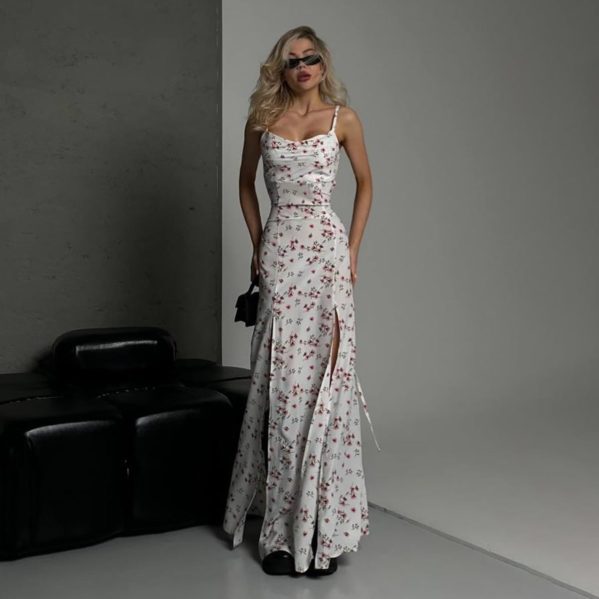 Women's floral maxi dress slim fit spaghetti straps high slit elegant summer style
