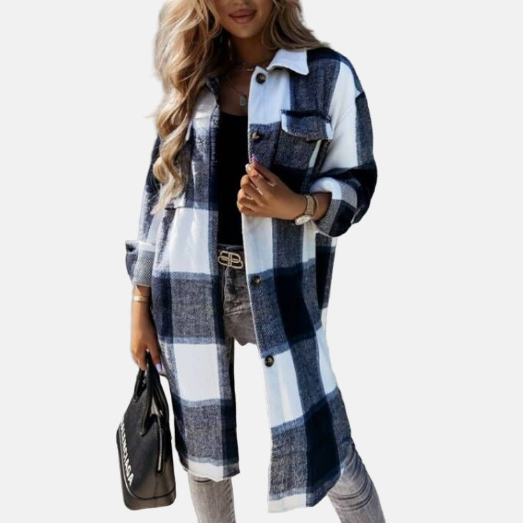 Women's oversized plaid check shirt jacket with button closure and soft relaxed layered silhouette