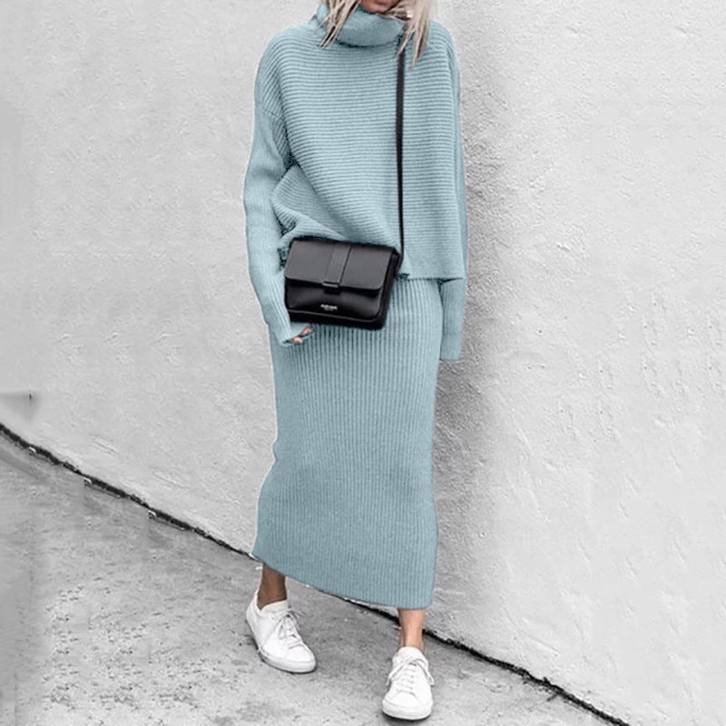Women's cozy pullover and ribbed skirt two-piece lounge set in matching neutral tones