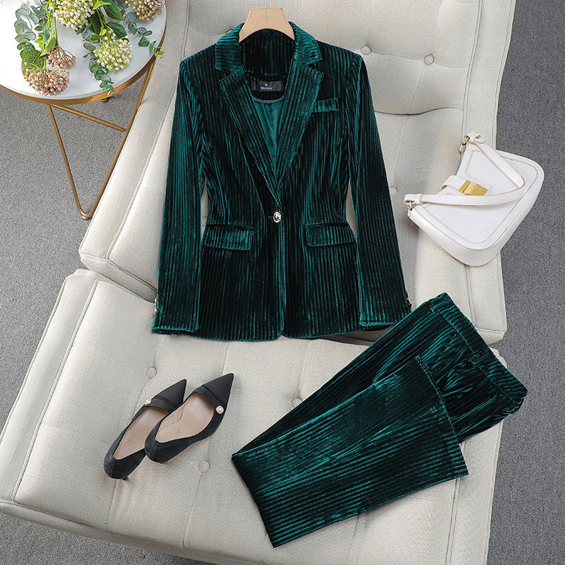 Women's burgundy velvet double-breasted blazer set, tailored two-piece formal suit with sleek trousers