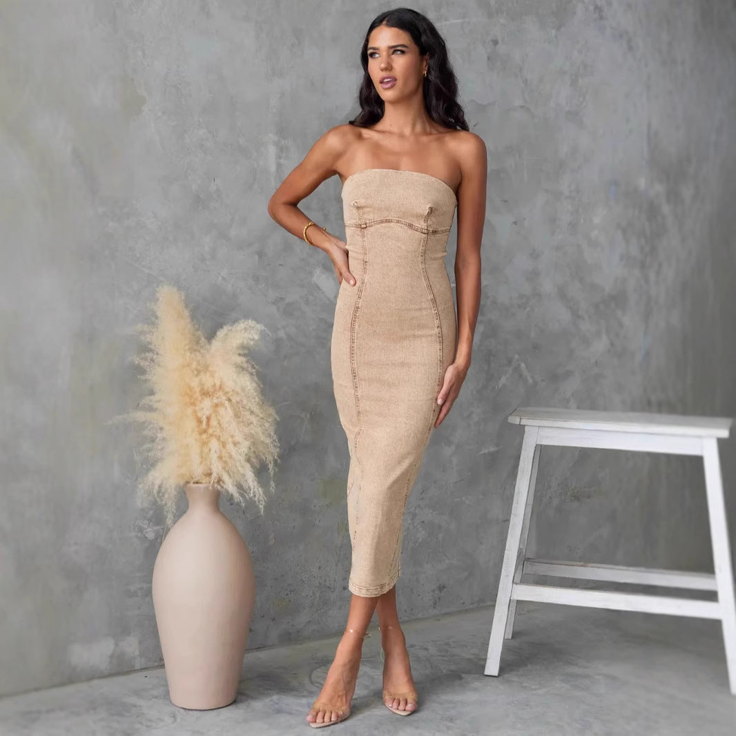 Women's strapless slim-fit midi denim dress with structured seams for day-to-night style