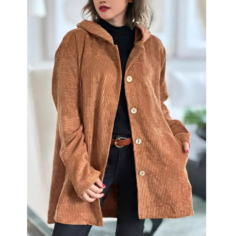 Women's brown corduroy hooded jacket relaxed fit mid-length with button front details