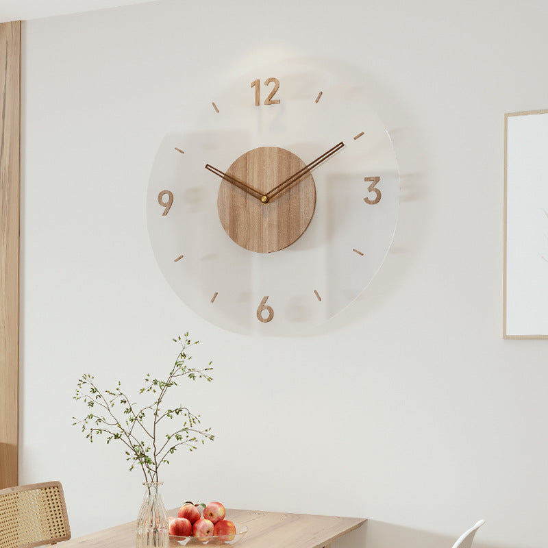 Nordic minimalist wooden wall clock, natural wood grain, silent mechanism, Scandinavian clean-line design