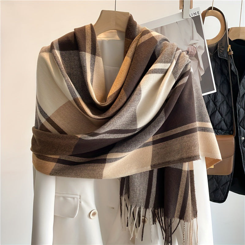 Women's oversized wool-blend scarf with classic check pattern, fringed edges, and generous coverage