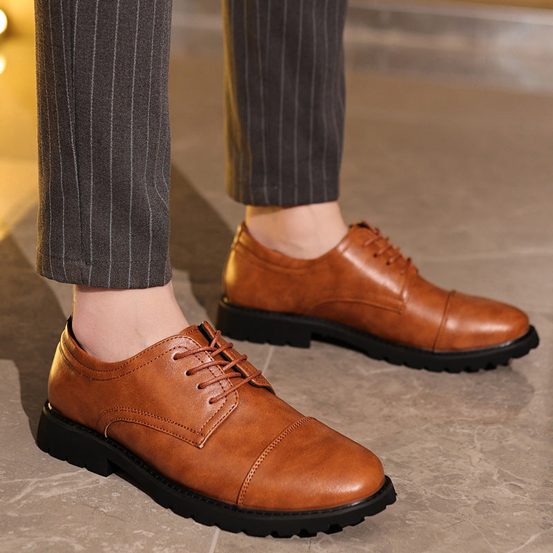 Men's black cap-toe derby shoes polished PU leather upper with durable rubber sole formal style