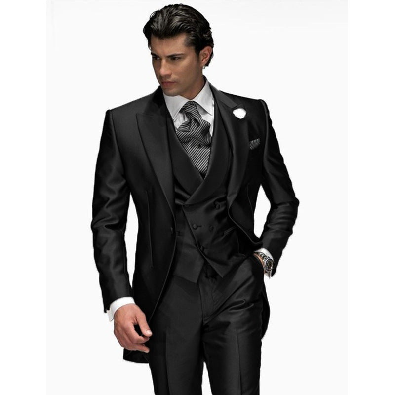 Men's 3-piece tailored fit satin-look suit with double breasted vest, polished formal style