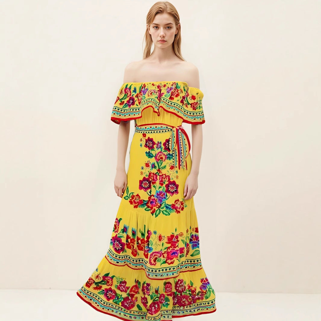 Floral off-shoulder maxi dress with ruched bodice and tiered skirt in vibrant summer print