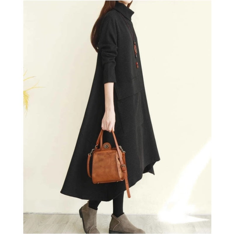 Women's turtleneck sweater dress in knit polyester, loose long-sleeve silhouette with textured pattern