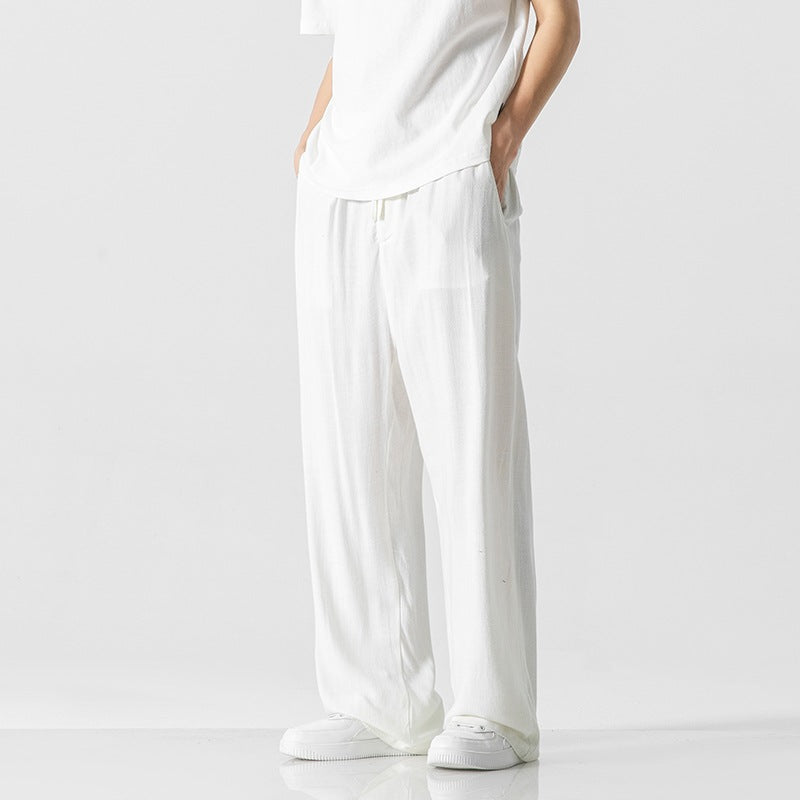 Men's linen blend loose fit trousers with drawstring waist, breathable full-length casual pants