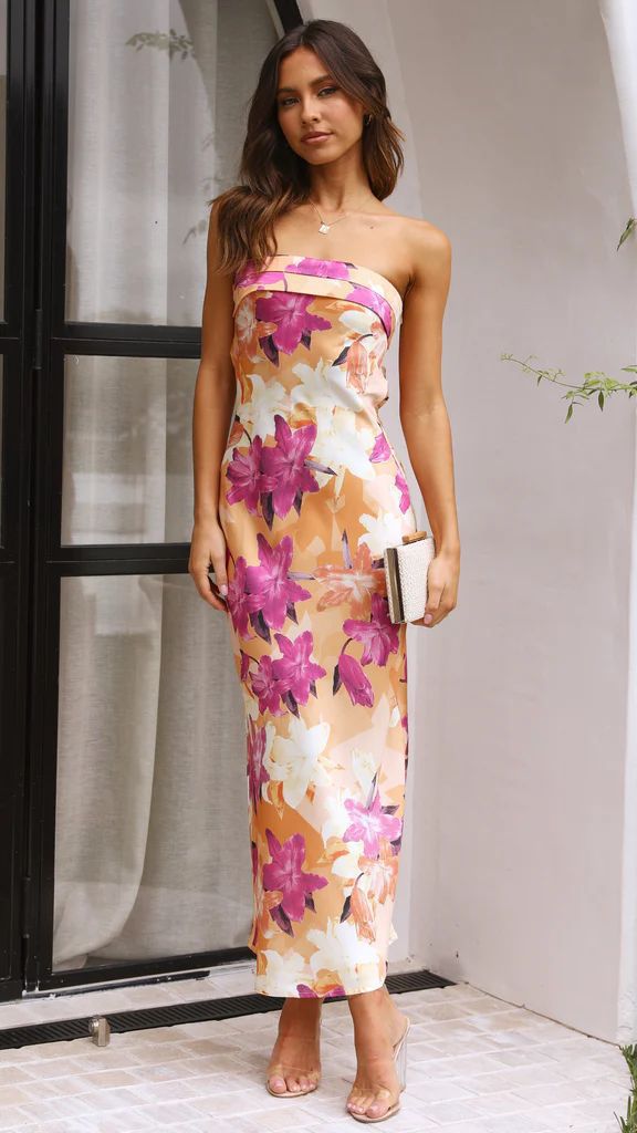 Nordic-Flair satin strapless maxi dress, slim-fit silhouette with subtle draping, elegant evening gown