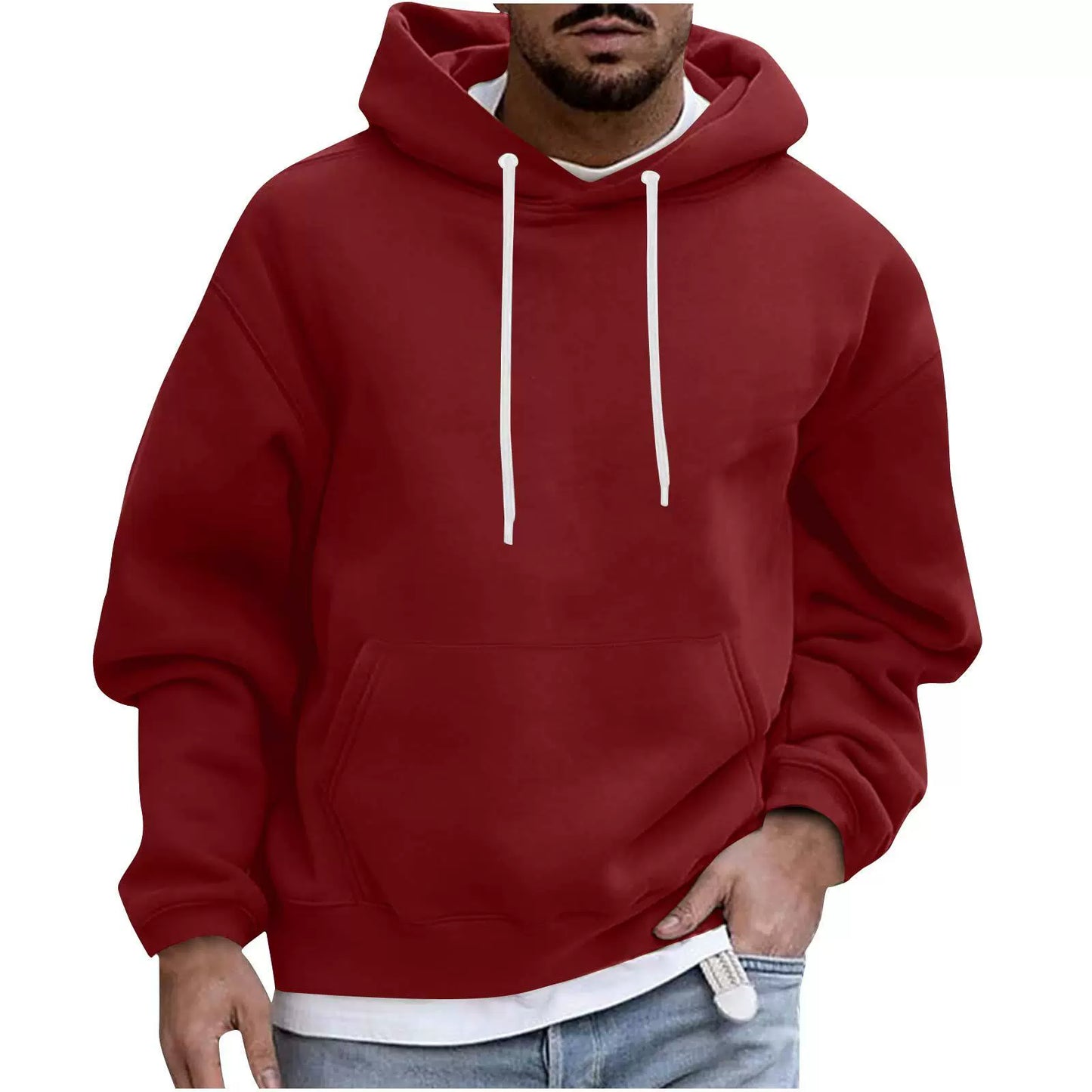 Men's cozy fleece hoodie loose fit drop shoulder silhouette with kangaroo pocket everyday layering