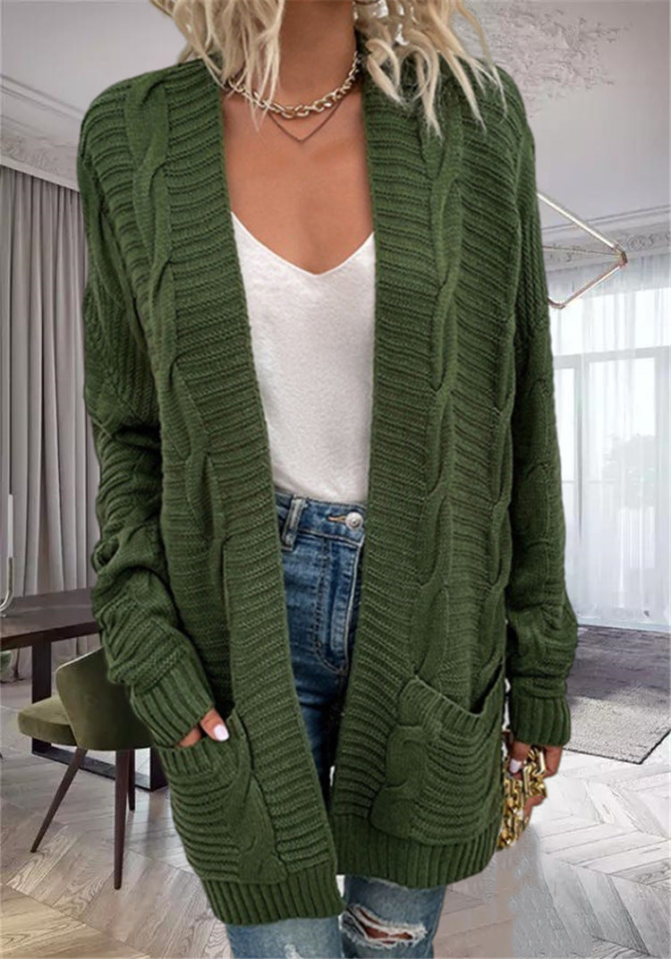 Women's oversized chunky knit open-front cardigan wool blend with pockets, relaxed drapey silhouette