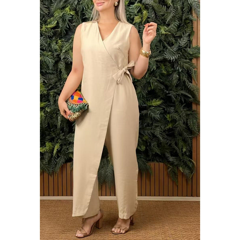 Women's sleeveless V-neck wrap jumpsuit wide-leg cut adjustable waist chic everyday style