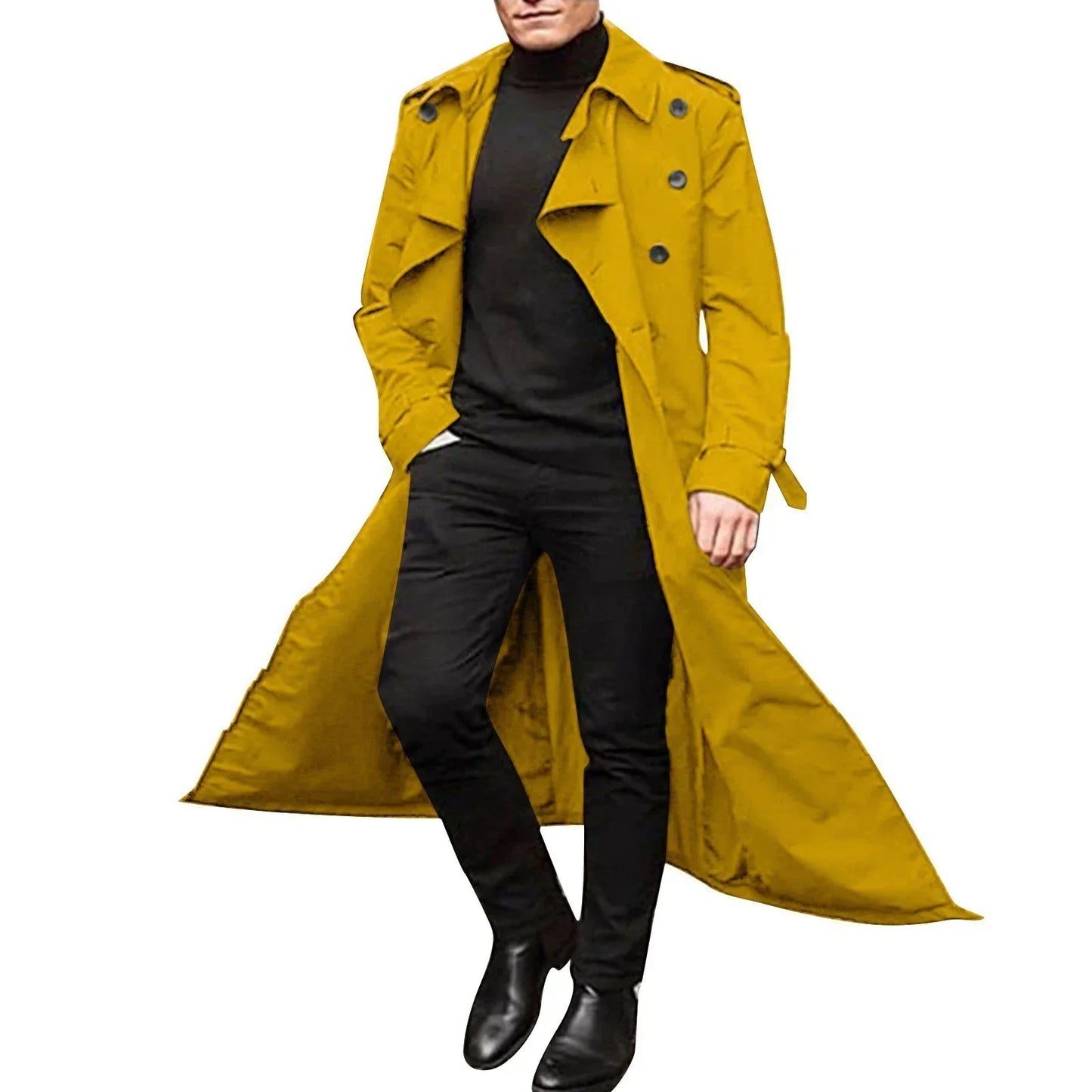 Men's tailored fit double-breasted trench coat with notched lapels, full-length professional style