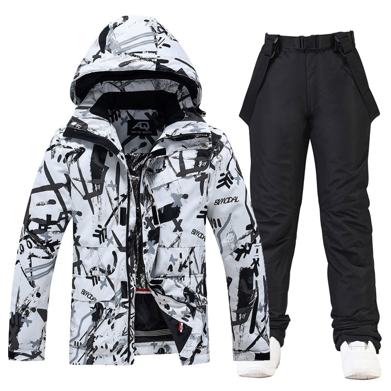 Men's two-piece ski suit set hooded jacket with suspenders water-resistant relaxed-fit winter gear