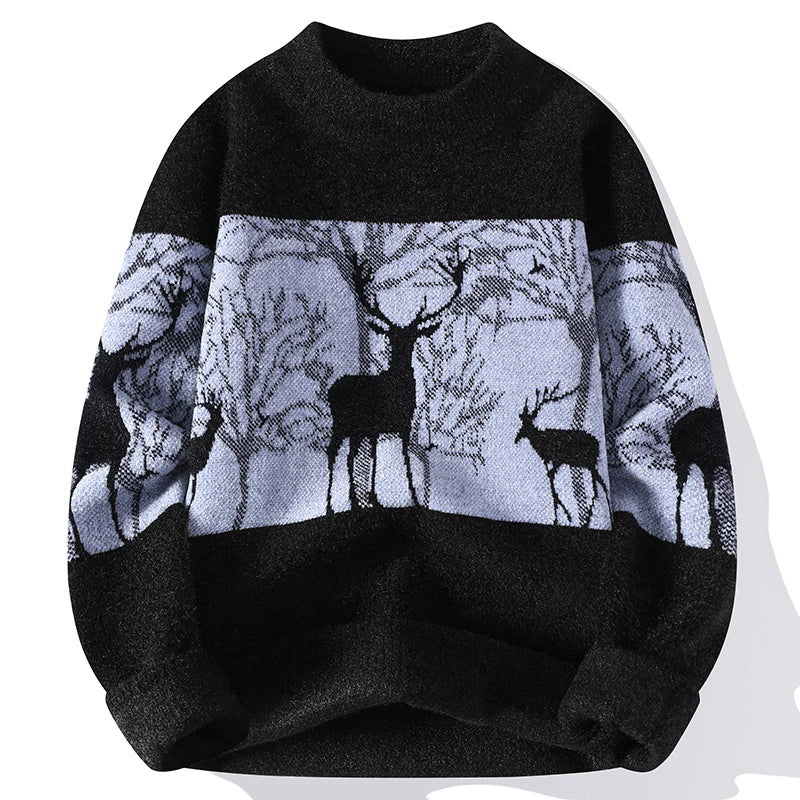 Men's loose fit Nordic knit pullover sweater with mock neck and deer pattern in cozy style