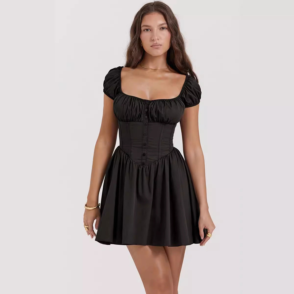 Women's slim fit mini dress square neck puff sleeves lightweight cotton blend casual summer style