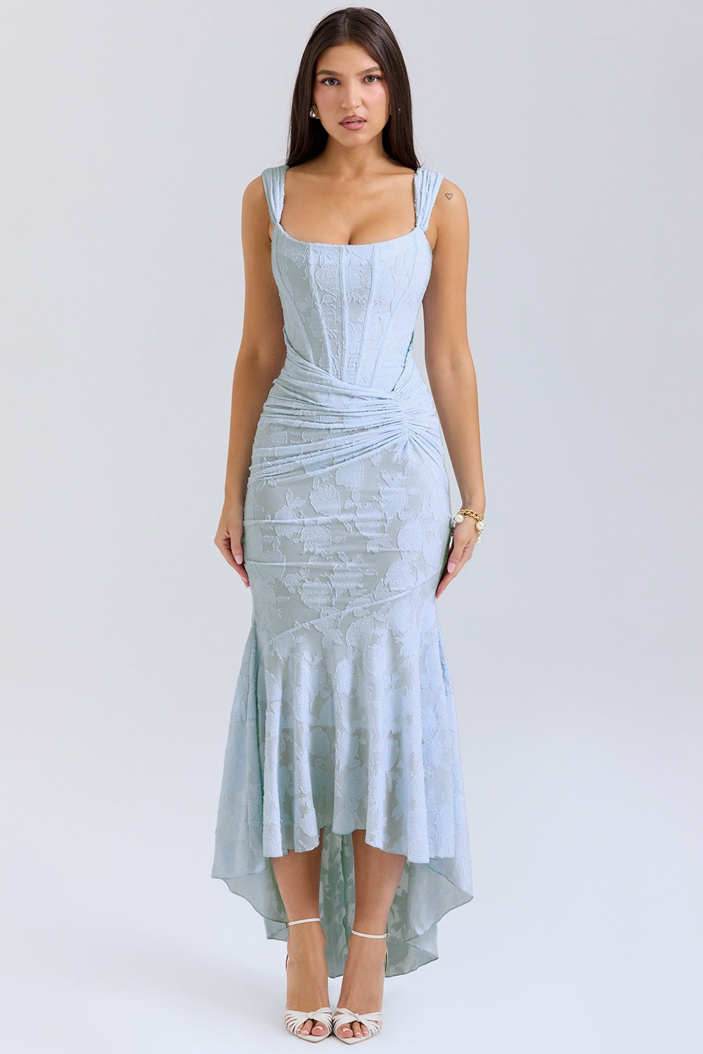 Satin-look mermaid evening dress one-shoulder ruched waist sleek formal gown women
