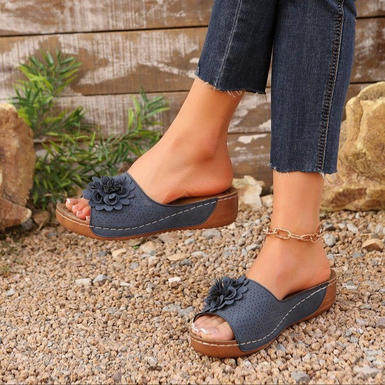 Women's wedge sandals open toe perforated upper with delicate flower detail for effortless style