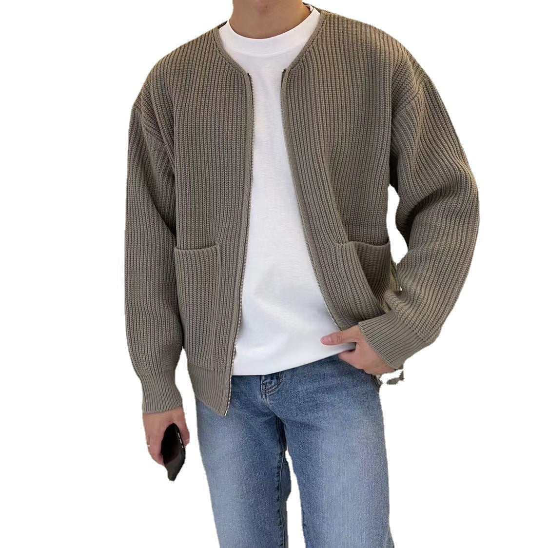 Men's relaxed fit open front ribbed knit cardigan with wool-like texture for casual everyday wear