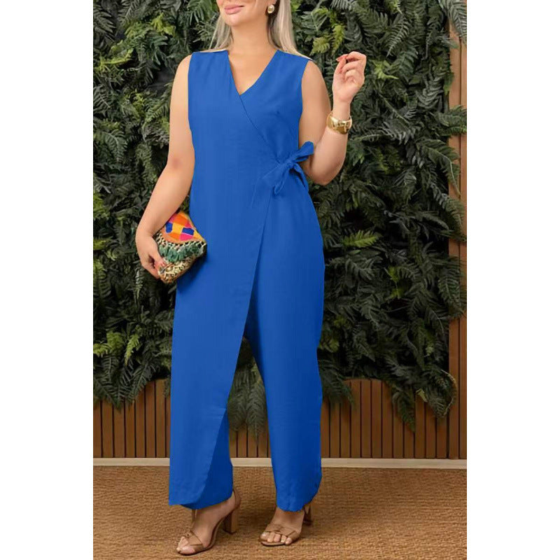 Women's sleeveless V-neck wrap jumpsuit wide-leg cut adjustable waist chic everyday style
