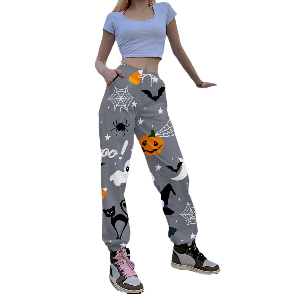 Women's relaxed fit full-length leisure trousers bold print cotton-feel fabric with drawstring waist
