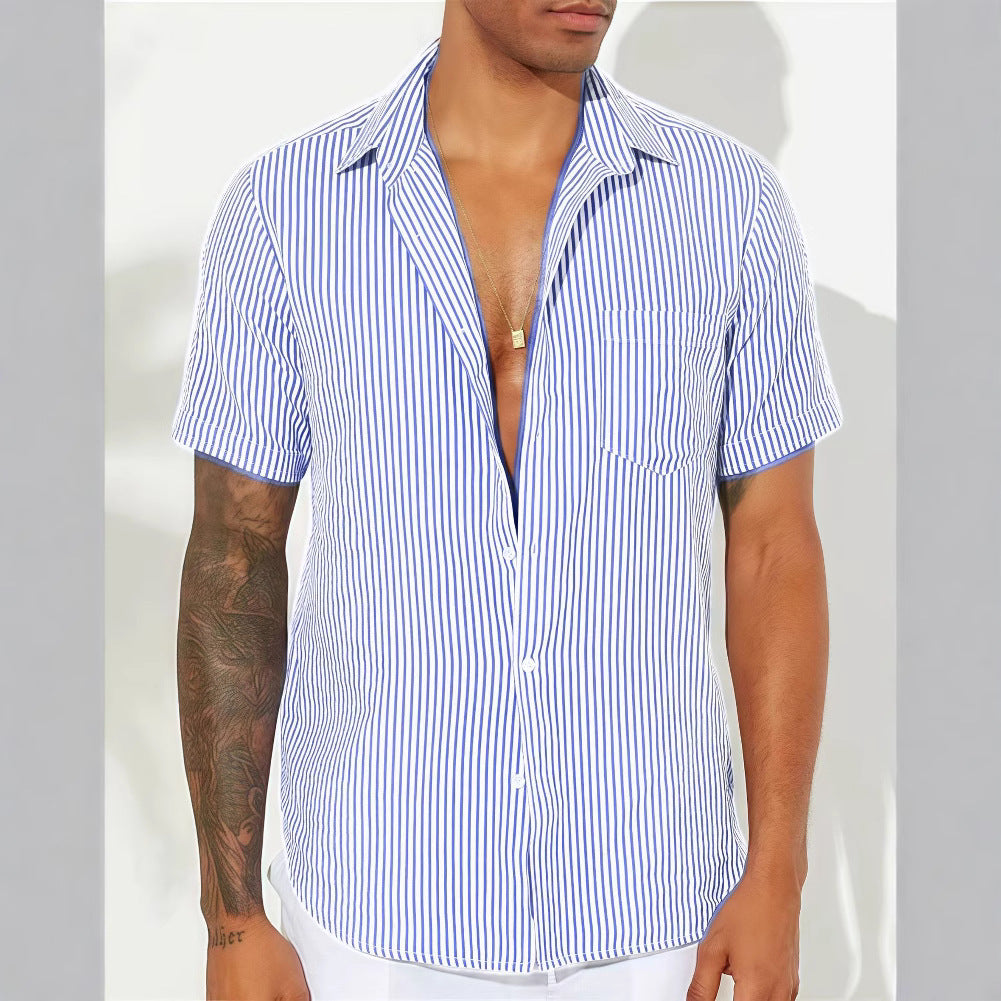 Men's relaxed fit short sleeve button-up shirt with vertical stripes breathable cotton blend