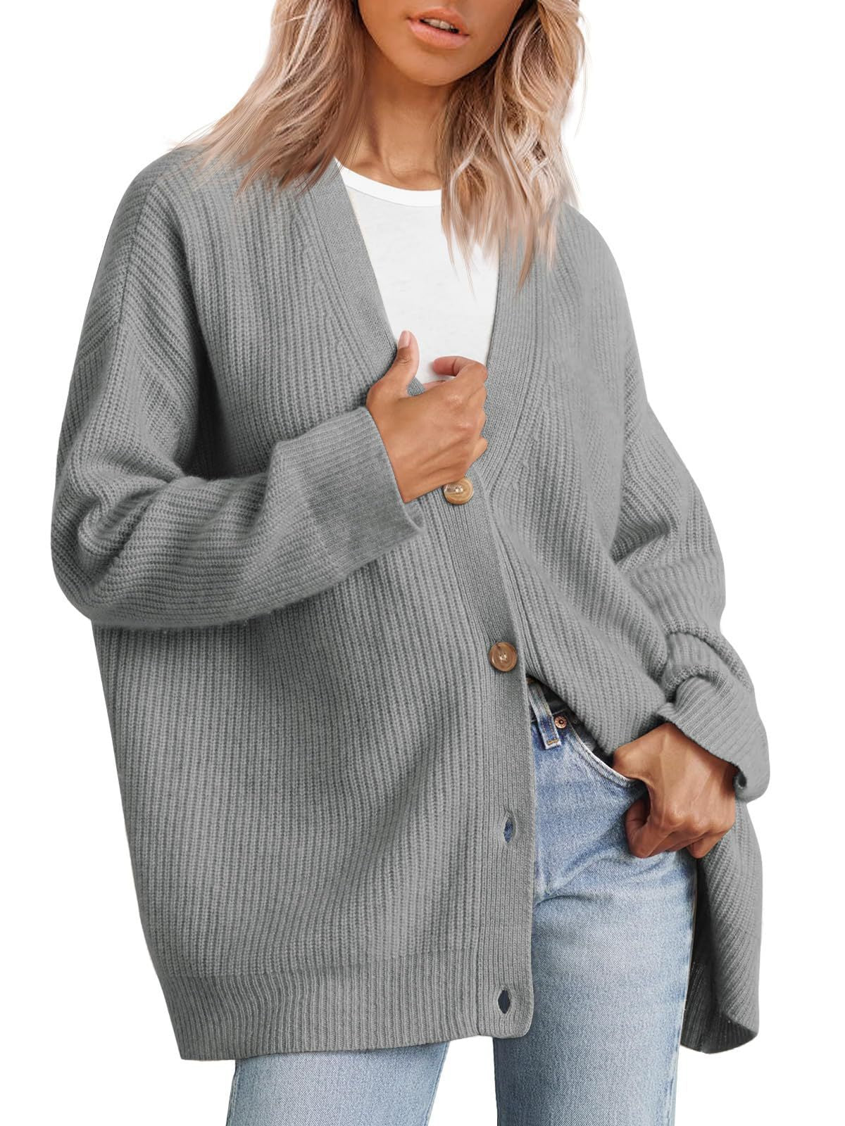 Women's striped knit cardigan oversized cozy fit soft fabric button-down chic layering piece