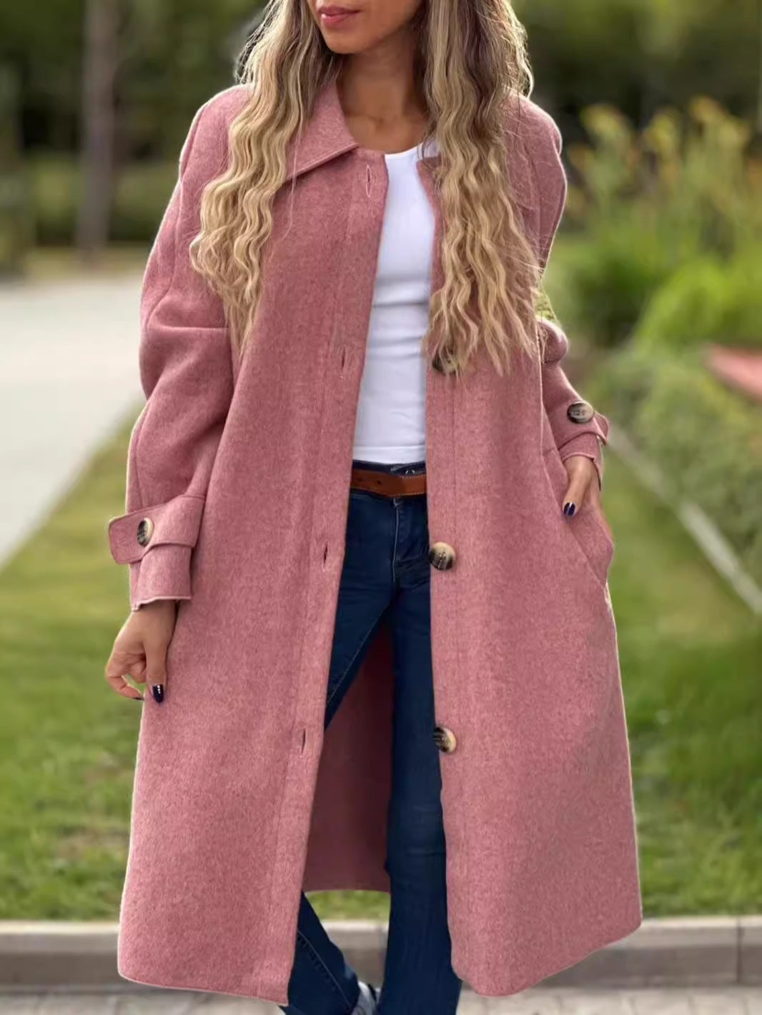 Women's wool blend long coat relaxed fit full length with classic collar and button front closure