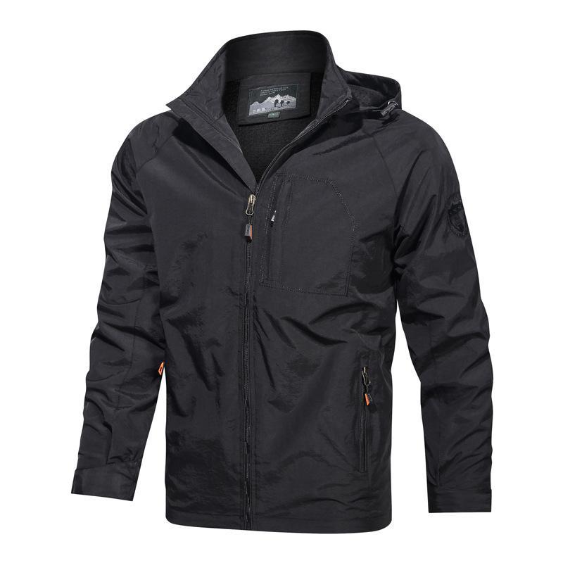 Men's lightweight windproof hooded jacket with zipper closure and multiple pockets in solid color