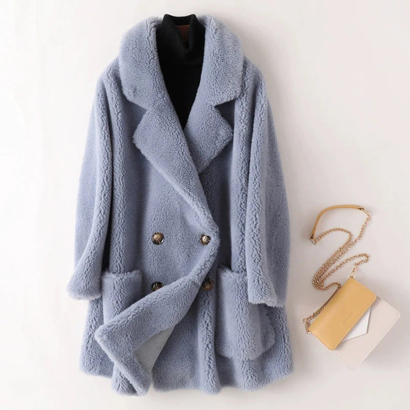 Women's beige plush double-breasted teddy coat mid-thigh length soft faux fur cozy silhouette