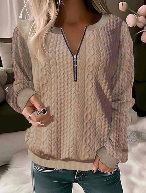 Women's cable knit sweater relaxed fit zip collar cozy warm pullover by Urbann-Vibe