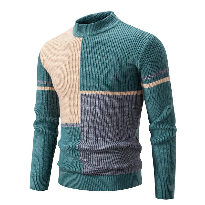 Men's Enzo navy graphic block knit jumper with bold pattern, versatile casual semi-formal style