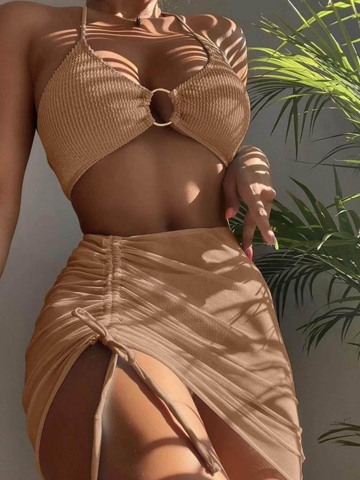 Solid color halter neck three-piece bikini set with cover-up, flattering chic women's swimwear