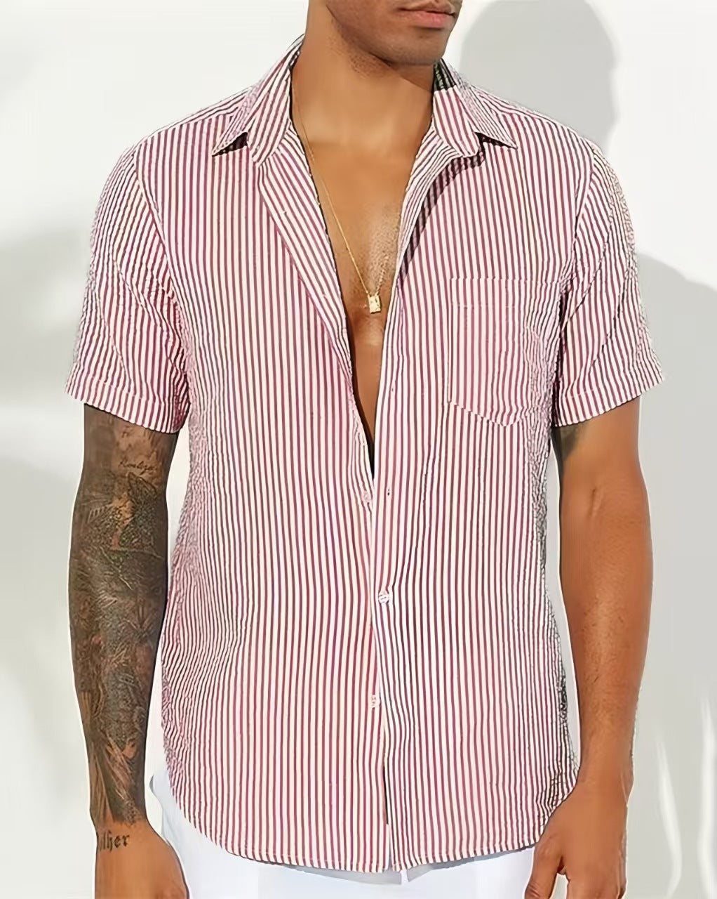 Men's cotton blend relaxed fit striped short sleeve shirt in Nordic-inspired vertical stripe pattern