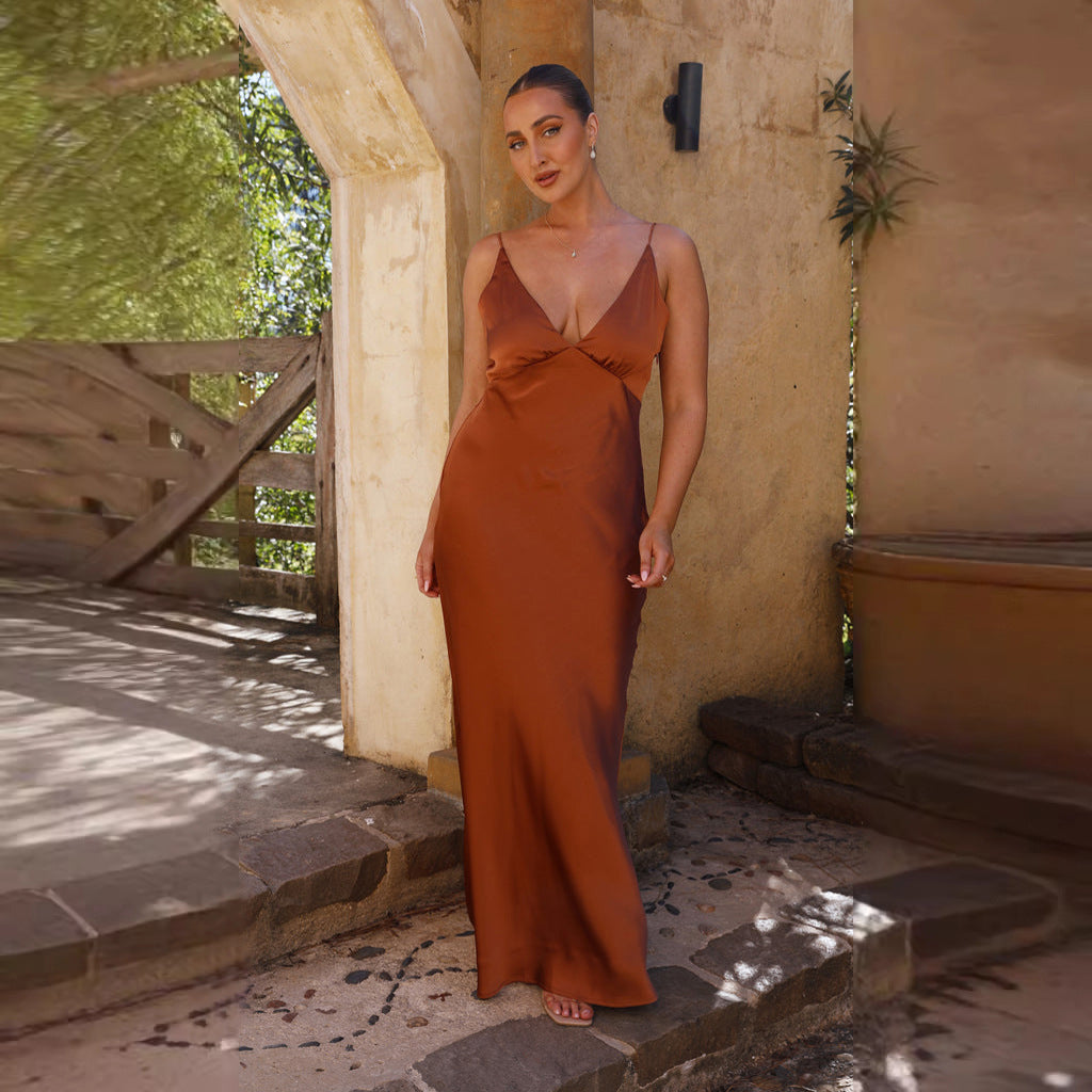 Women's satin slim-fit V-neck backless evening gown with sleeveless design for formal events