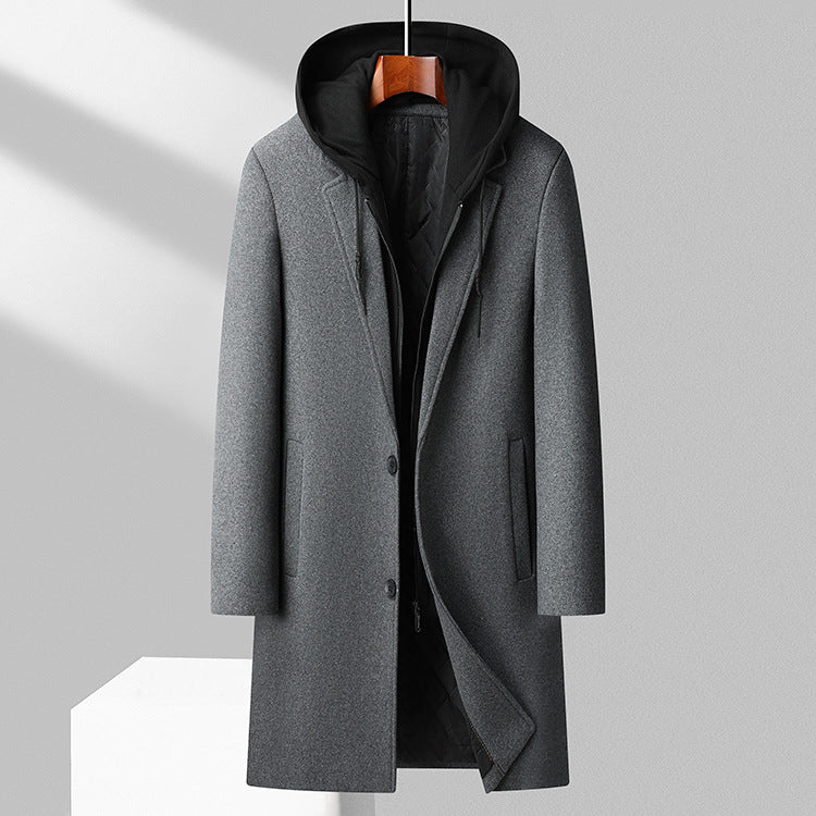 Men's hooded wool overcoat charcoal structured silhouette detachable quilted lining winter outerwear