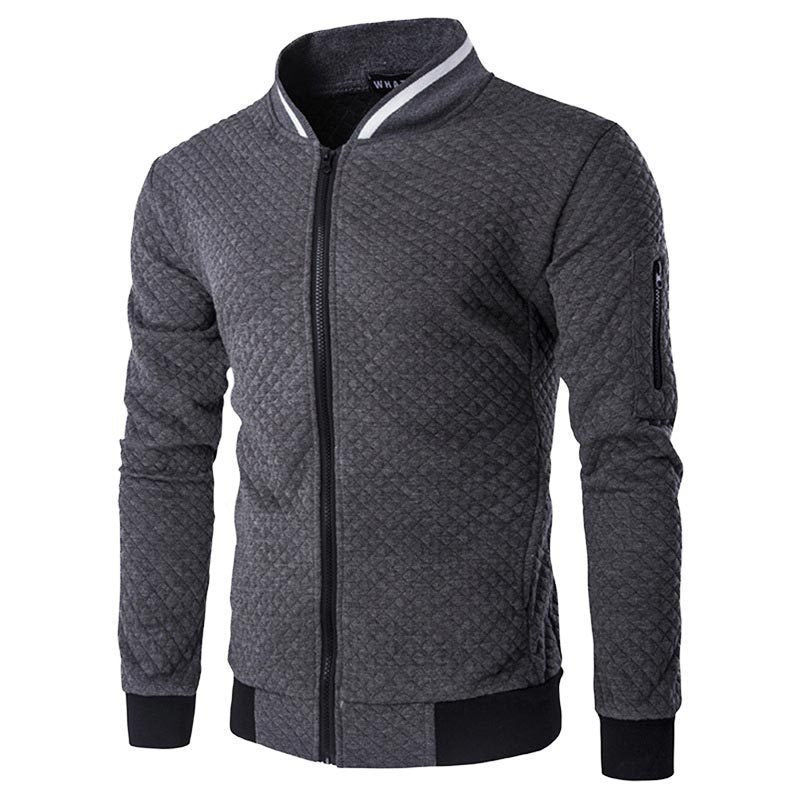 Men's slim fit quilted cardigan dark color zipper closure sleeve pocket ribbed edges modern casual style