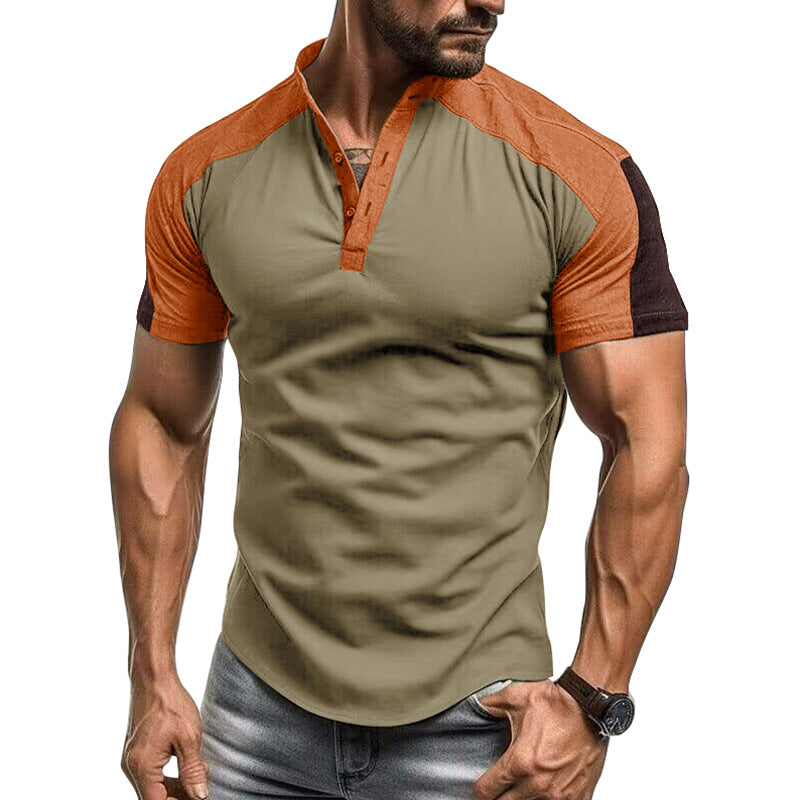 Men's slim fit collarless short sleeve shirt breathable cotton casual everyday wear