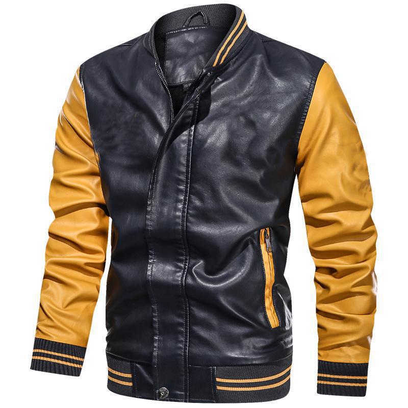 Men's slim fit jacket in smooth finish with stand collar, zipper closure, and ribbed edges for modern style